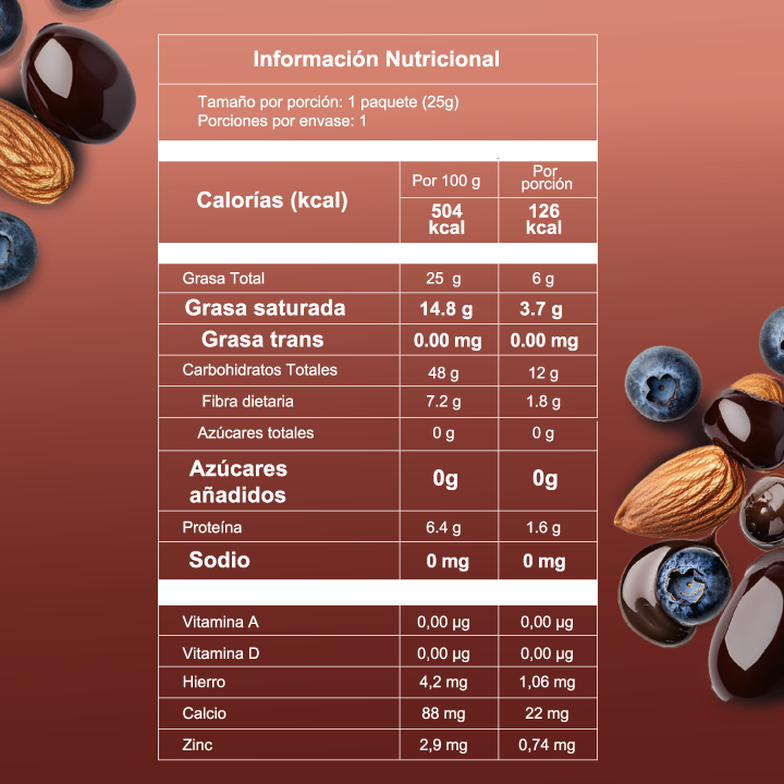 Arándanos y almendras cubiertos de chocolate oscuro sin azúcar snack saludable Colombia